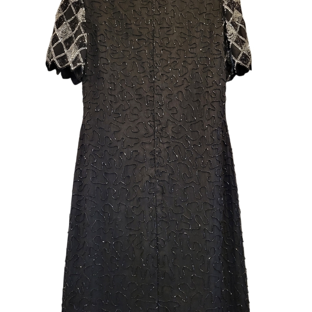 Vintage Laurence Kazar Silk Black Silver Beaded Sequined Full Length Gown Dress - Picture 7 of 12